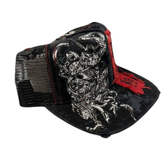 Affliction Black and Red Asian Viking Embroidered Trucker Cap Leather Brim NWT - Picture 2 of 9